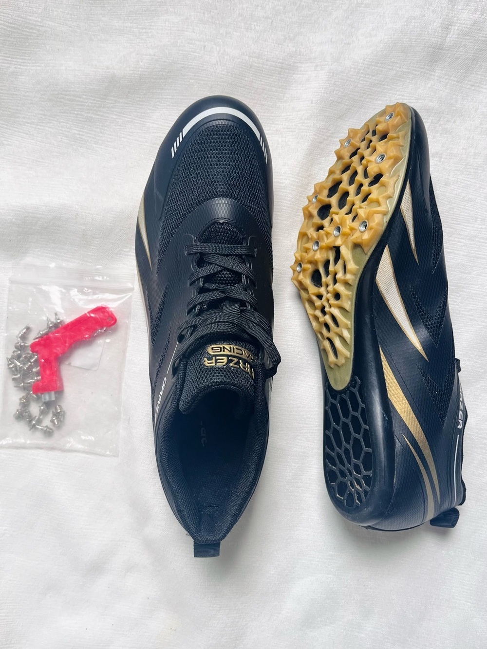 ORRZER Track and field running Spike black and gold shoe M8 W9.5